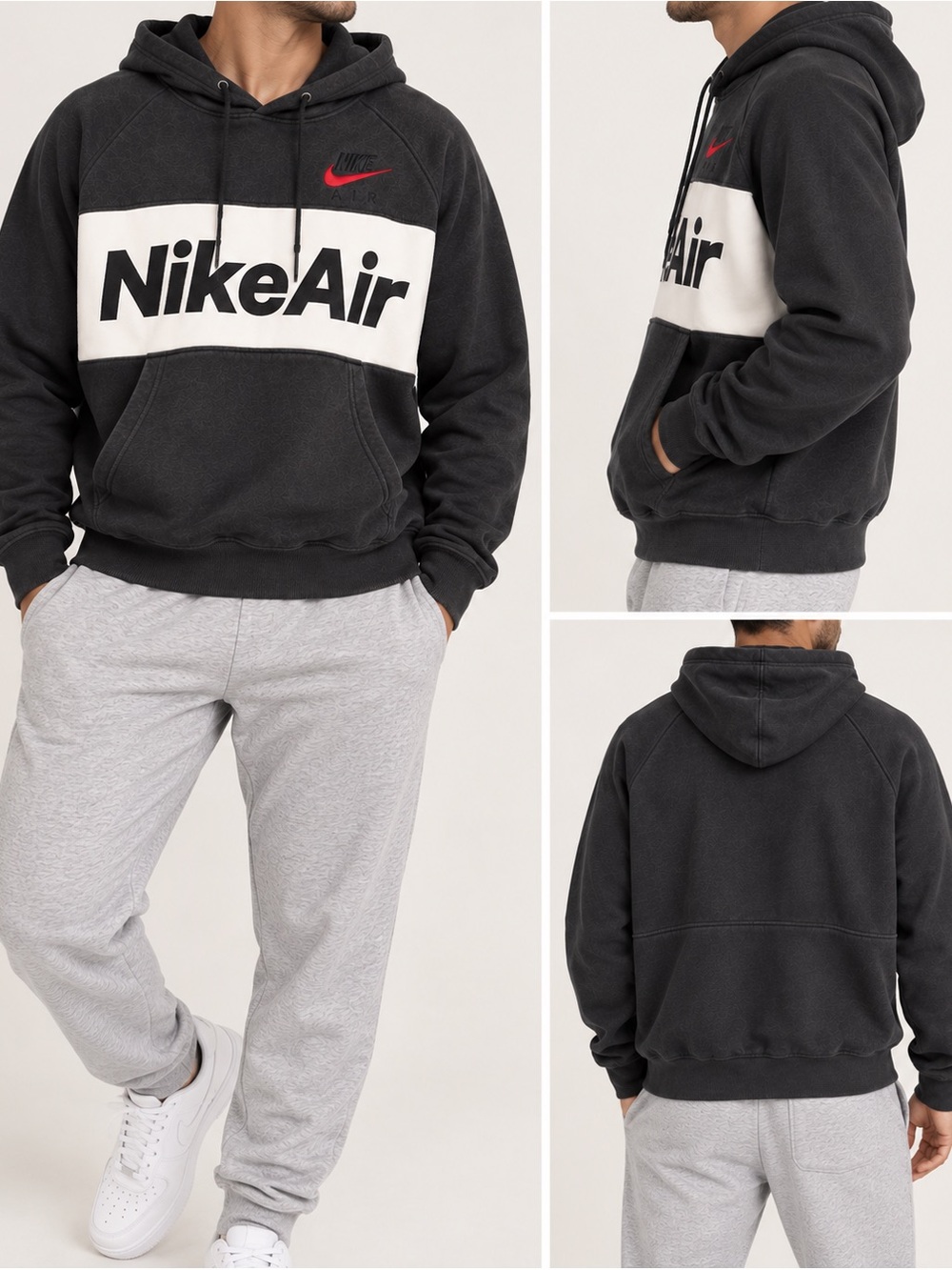 Nike Air Sportswear Fleece Colorblock Hoodie Black White Red M